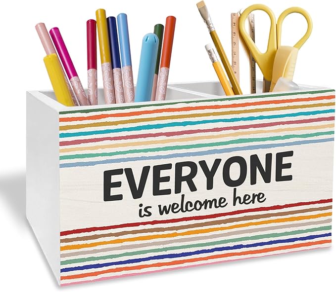 Boho Diversity Inclusion Classroom Decor Pen Pencil Holder for Desk, Everyone is Welcome Here Equality Wooden Box Sign Desk Decor for Classroom School Counselor Office Decoration