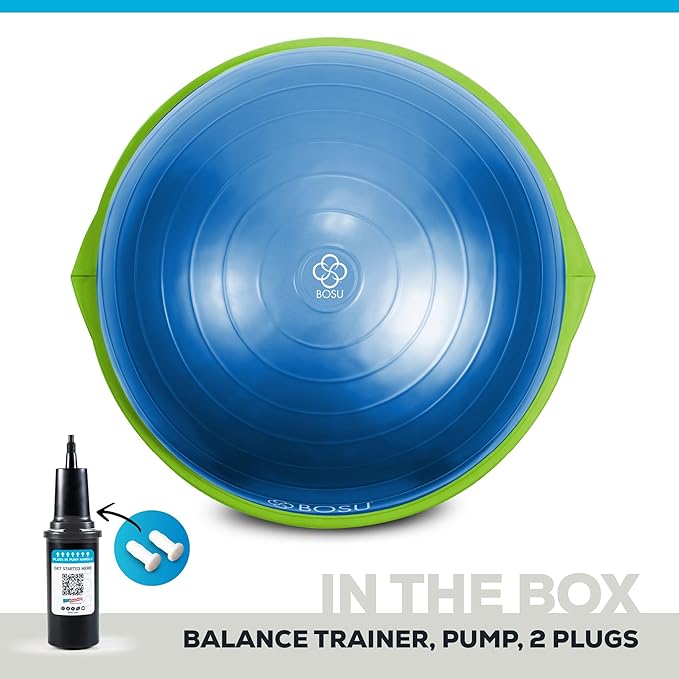 Bosu Balance Ball Exercise Trainer, Home Gym Equipment w/ Guided Workouts & Pump, 26", Blue - Inflatable Fitness Platform for Strength Training, Standing, Balancing, and Core Workout