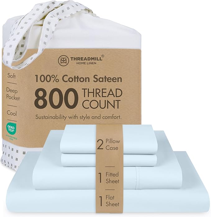 Threadmill Luxury 800 Thread Count California King 100% Cotton Sheets - Light Blue Sateen Weave Bed-Sheets, Better Than Egyptian Cotton,4 Pc Solid Bedding Set, Fits 16" Deep Pocket
