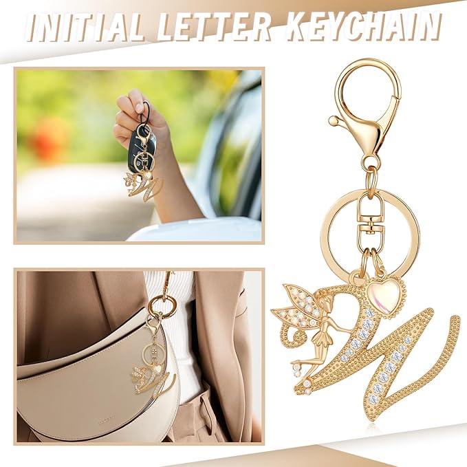Gold Plated Alphabet Initial Letter Keyring Keychain for Women Girls Crystal Key Chains for Wallet Backpack Bag Charm