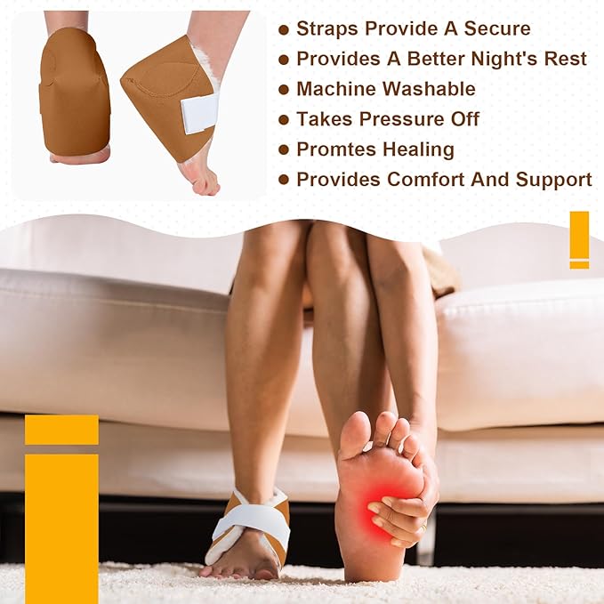 2 Pcs Heel Protectors for Pressure Sores Sheepskin Heel Pads Soft Foot Cushions Pad Protectors Adjustable Foot Pillows with Securing Strap for Bed Sore Ankle Ulcers (Brown)