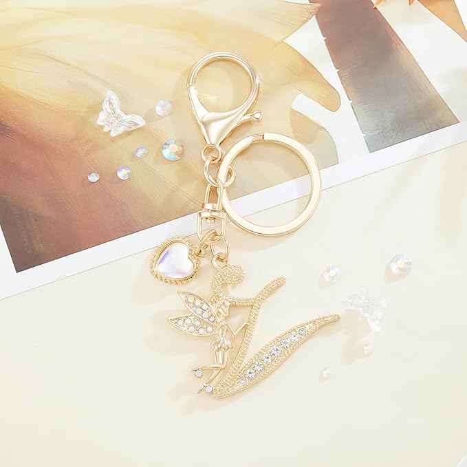 Gold Plated Alphabet Initial Letter Keyring Keychain for Women Girls Crystal Key Chains for Wallet Backpack Bag Charm