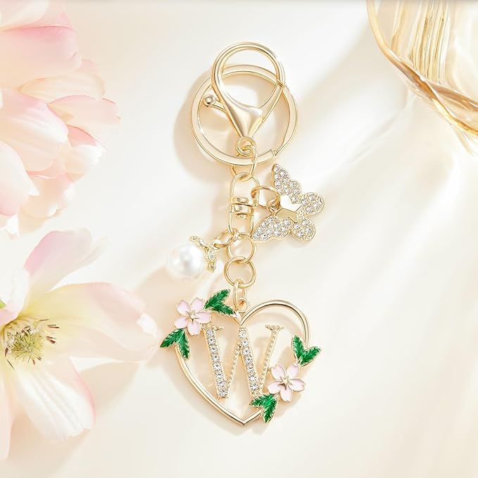 Gold Heart Initial Letter Keychain for Women Key chain Keyring for Purse Handbags Backpack Charm