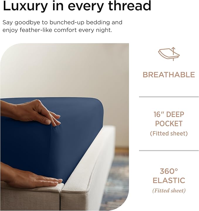 Threadmill Luxury 800 Thread Count Twin 100% Cotton Sheets - Folkstone Blue Sateen Weave Bed-Sheets, Better Than Egyptian Cotton,3 Pc Solid Soft Bedding Set, Fits 15" Deep Pocket