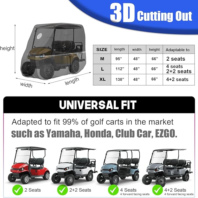 Waterproof Golf Cart Cover, Heavy Duty Marine Grade Fabric, Universal Fits for Most Brand 2/2+2/4+2 Passengers Yamaha, Honda, Club Car, EZGO Golf Cart