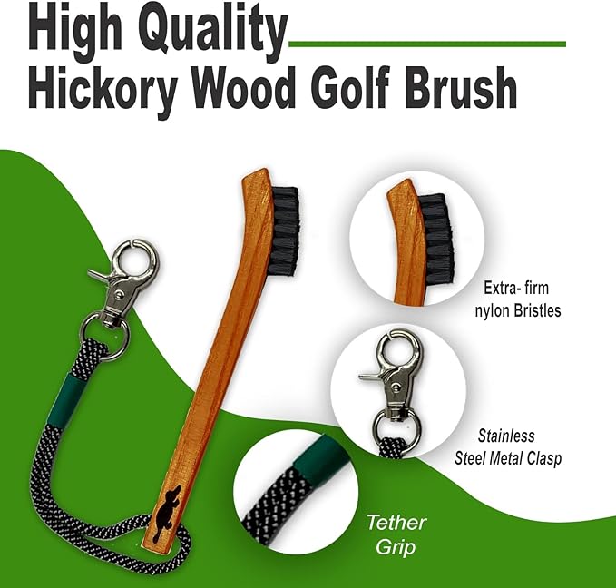 Platypus Golf Co. Hickory Wood Golf Club Brush & Non-Slip Groove Cleaner with Stiff Nylon Bristles, Paracord Rope & Stainless Steel Metal Clip, for Cleaning Grooves on Clubs, Fits Any Golfer's Bag