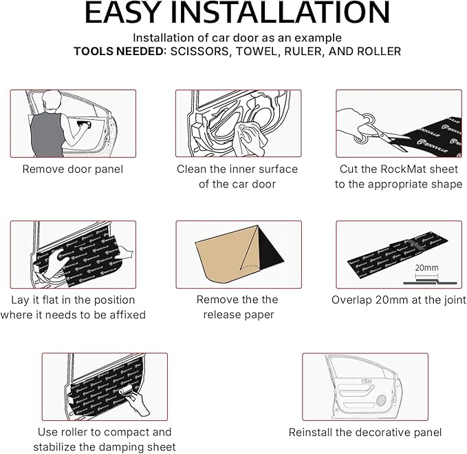 Rockville ROCKMAT 50-20 80 mil Butyl Aluminum Foil Sound Deadening Mat, 50 Sq Ft Peel and Stick Automotive Soundproofing for Doors Floors Trunk, Cars Vans RVs, Full Sedan Builds