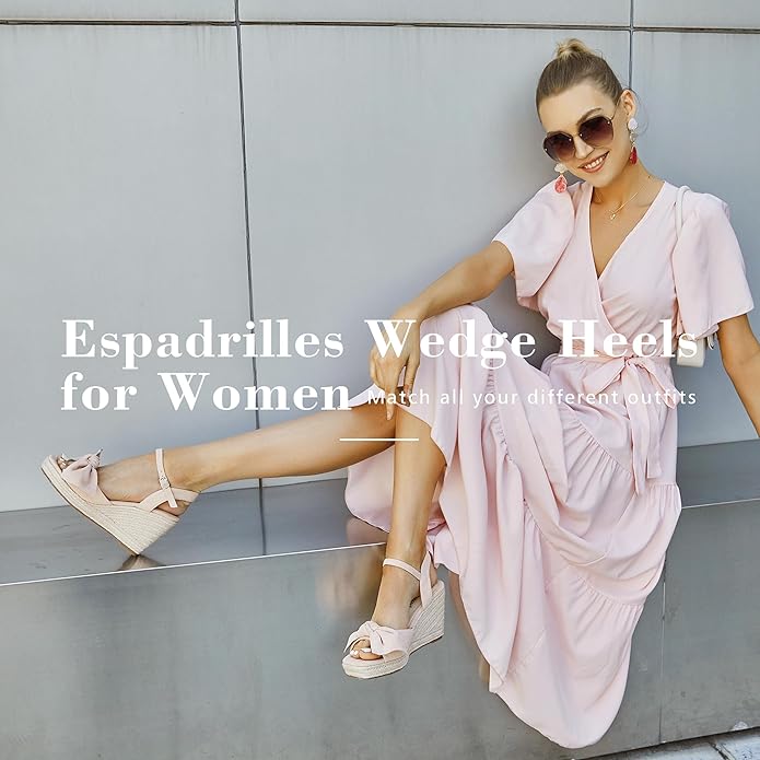 girgod Espadrilles Wedge Sandals for Women Bow Platform Wedges Heels Open Toe Ankle Strap Summer Wedding Wedges