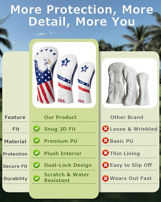 Golf Head Covers, 3 Pack Golf Club Head Covers USA Stars and Stripes, Velour Lined for Extra Club Protection, Designed to Fit All Woods and Drivers Velour Lined