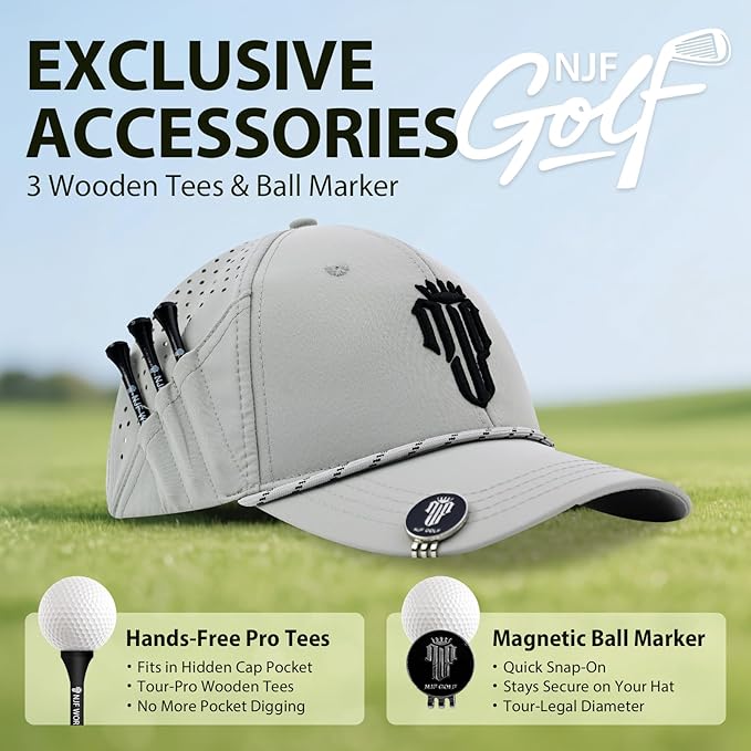 NJF Golf™ Hat Men - Breathable Mens Golf Hats, Adjustable Rope Snapback Cap, Convenient Cap with Tee Holder