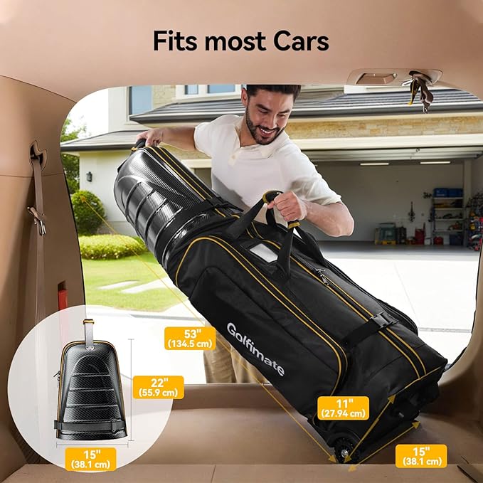 Golf Travel Bag for Airlines with Carbon Fiber Look Hard Top, Protective Club Traveling Cover with Wheel, Golf Club Carrier Case for Airplanes, Thick Padding, Durable Zippers, 2 Spacious Side Pockets