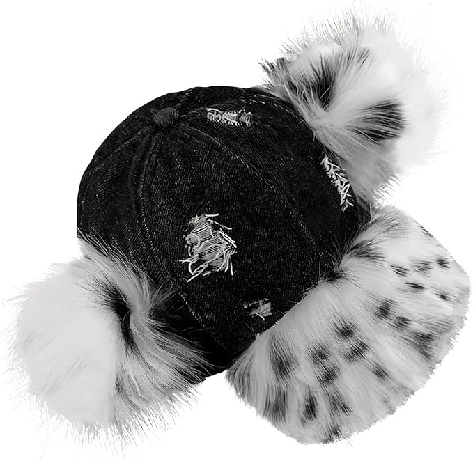 PURFUN Women Vintage Denim Baseball Caps with Fuzzy Faux Fur Pompoms & Brim, Large Brim Visor Caps Adjustable Peaked Sun Hat
