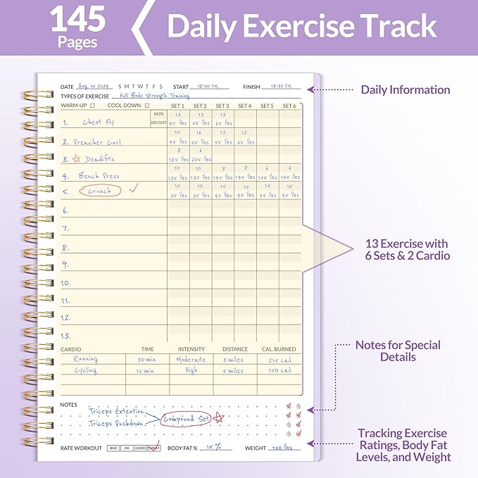 Fitness Journal Workout Planner for Women & Men, A5 (6.4" x 8.3") Workout Journal Log Book Planner Gift for Track Gym Essentials, Home Workouts, Track Progress, Achieve Wellness Goals, Purple