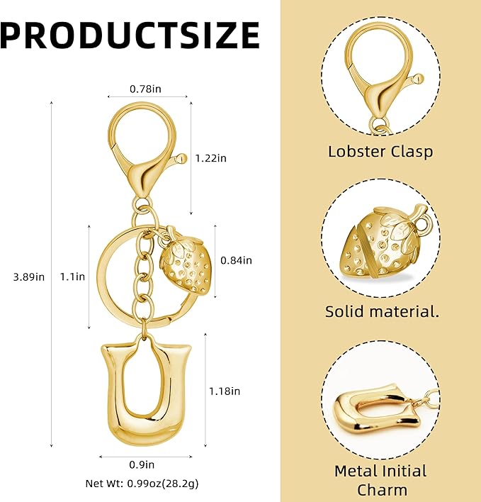 Gold Bubble Heart, Cherry, Bow & More Designs Letter Initial Keychain Bag Charms – Cute Purse Charms for Handbags