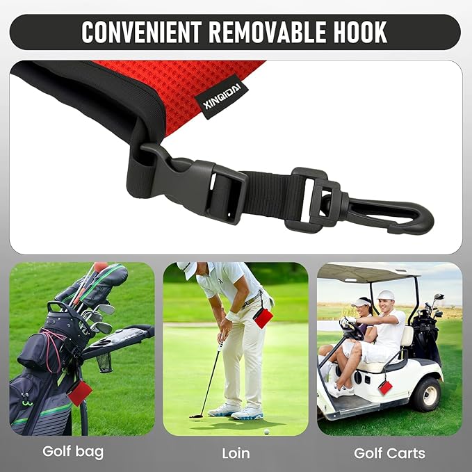 Golf Club and Golf Ball Cleaning Bag - Cleans Club Grooves, Waterproof Clean Face Tech, Detachable Clip, Machine Washable, Stay-Dry Exterior,Gift for Men (1, RED)