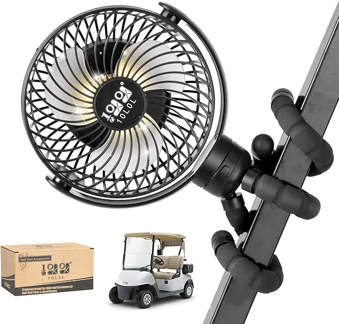 10L0L Golf Cart Fan Rechargeable with Flexible Tripod Mount - 10000mAh Battery Operated Portable Fan 360° Rotatable Head, Fits for Yamaha/EZGO/Club Car Golf Cart with LED Light