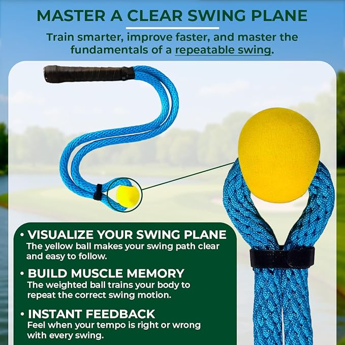 Golf Rope Swing Trainer – Weighted Rope with Yellow Ball, Improve Swing Speed, Tempo, Rhythm & Strength – Indoor/Outdoor Training Aid with Manual, Bag – Gift for Men
