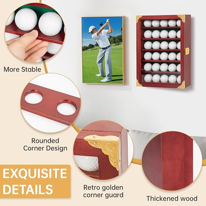 Golf Ball Display Case, Solid Wood Golf Ball Holder, Wall Mounted Golf Ball Rack with Acrylic Door for Golf Enthusiasts (Mahogany, for 30 Golf Balls)