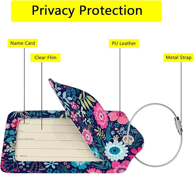 Luggage Tags for suitcases, 2 Pack Tropical Flower Luggage Tag, Leather Stainless Steel Loop Label Tag for Women Girl Travel Bag Suitcase