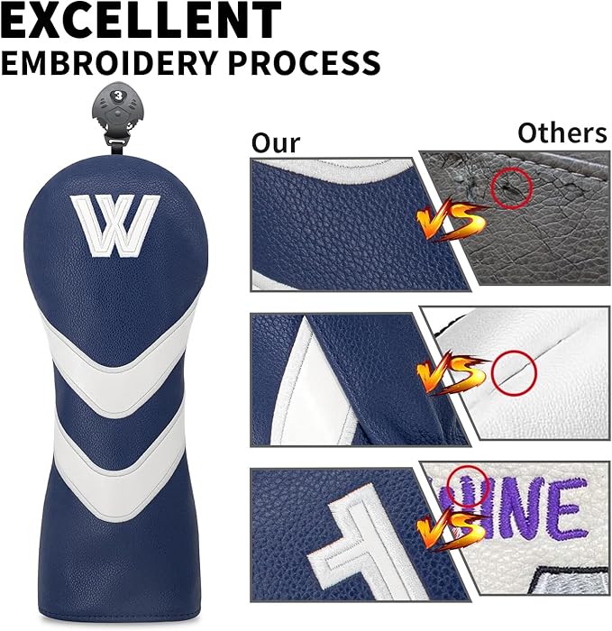 Golf Head Cover Golf Club Blue Leather Headcovers Set Fits Driver Fairway Wood Hybrid Utility Putter Iron Wedge Headcover.