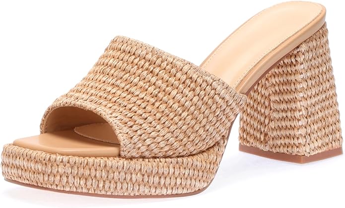 Monrovia Womens Sandals Heels for Women Slide On Block Chunky Platform High Heels Open Toe Raffia Wedge Sandals