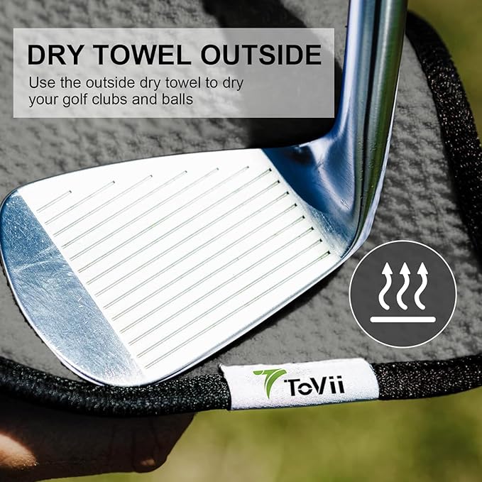 ToVii 2 in 1 Golf Towel, Wet and Dry Tri-fold Microfiber Towel for Cleaning Club and Ball with Clip and Waterproof Inner Barrier