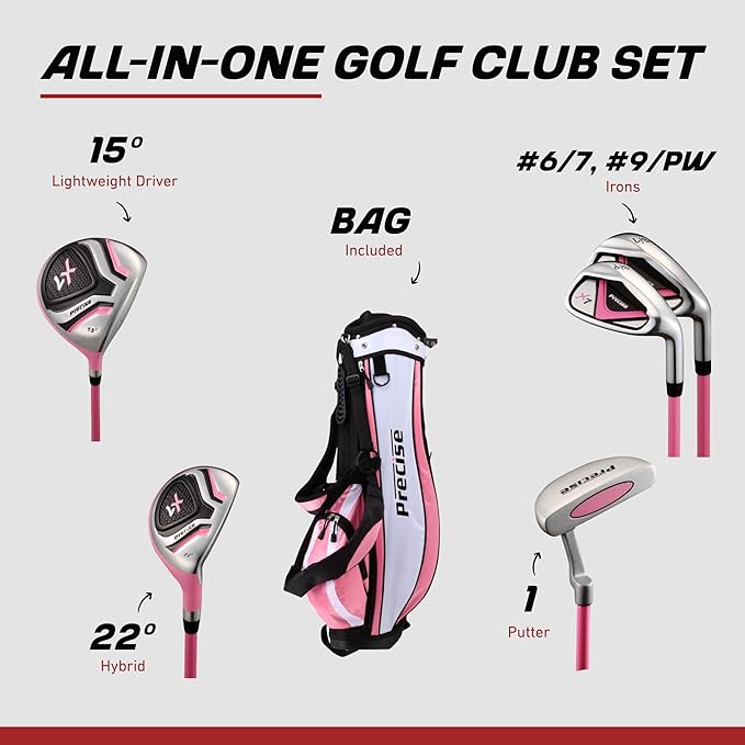 Precise X7 Kids Golf Clubs Set – Boys’ & Girls’ Junior Golf Set with Lightweight Graphite Shafts, Hybrid, Putter & Stand Bag