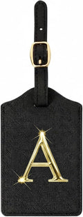 Personalized Initial Letter Luggage Tag for Suitcases PU Leather Baggage ID Tag with Metal Alphabet,Travel Accessory for Backpacks, Bags and Gift for Travelers (Black/Gold-Letter, A)