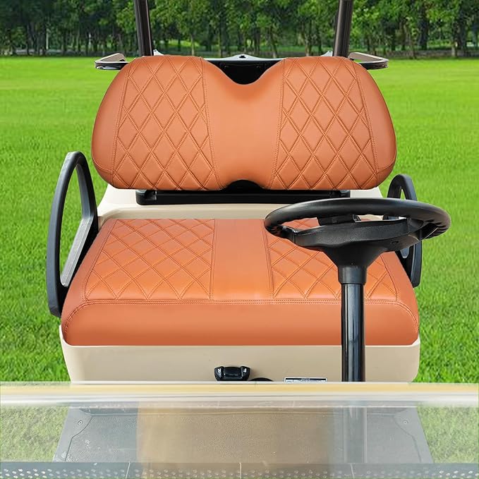 Golf Cart Seat Cover for Club Car Brown Precedent Ordinary Front Seat Cushion, Thick Vinyl Leather Custom Diamond Comfortable, Adjustable Straps and Retractable Buckle/No Nails Required