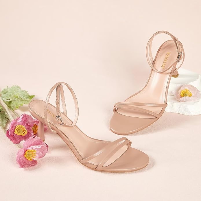 ISNOM Womens Sandals Round Toe Low Heels Strappy Ankle Strap Kitten Heel Comfort Dress Party Shoes