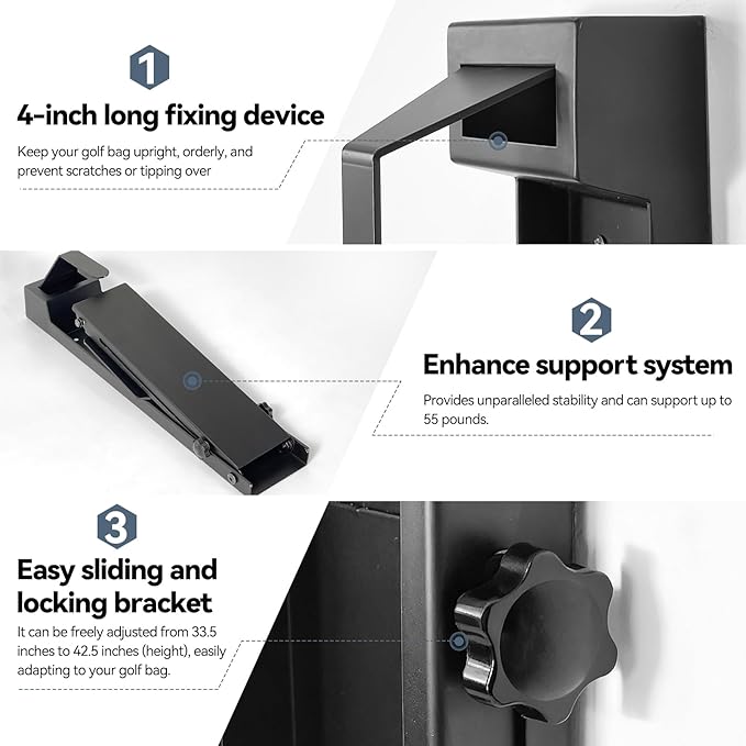Adjustable Wall Mount Golf Bag Holder - 33.5" to 42.5" Tool-Free Length Adjustment, Heavy-Duty Alloy Steel Storage Rack for Garage, Home, and Golf Club Organization