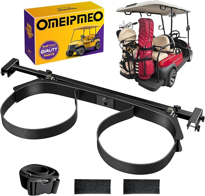 Upgrade Golf Cart Bag Holder Bracket, Adjustable Golf Cart Bag Bracket for 2+2 Rear Seat with 1 Inch Square Tube, No Drilling Golf Bag Holder Attachment for Club Car EZGO Yamaha, Include Nylon Strap