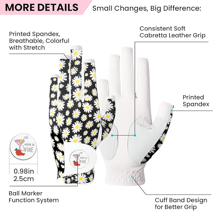 Ladies Golf Gloves Women Right Handed Golfer Left Hand Value 2 Pack with Ball Marker Leather All Weather Grip Breathable Soft Gift Set