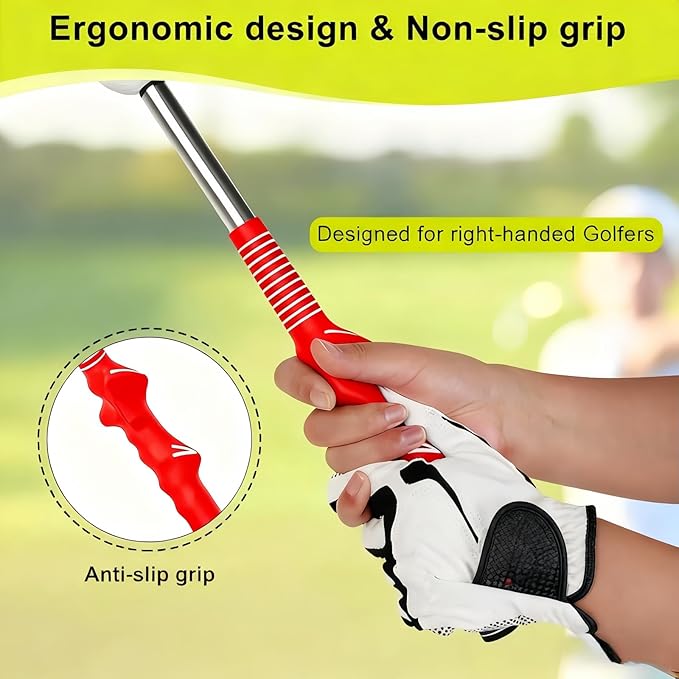 Retractable Golf Swing Training Aid,Right-Handed Golf Swing Trainer, Golf Grip Trainer with Click Feedback, Ergonomic Grip Golf Stick for Practice Correction Indoor Outdoor Hitting Red