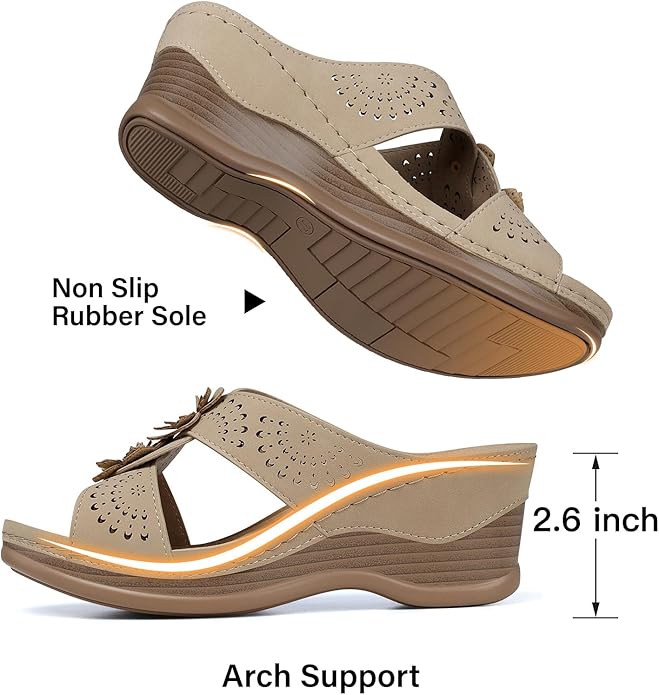TEMOFON Womens Wedge Sandals Leather: Dressy Sandal, Rubber Sole, Comfortable Walking, Casual Slip on Summer Shoes, Size 5-11