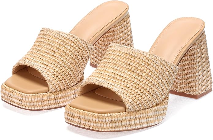 Monrovia Womens Sandals Heels for Women Slide On Block Chunky Platform High Heels Open Toe Raffia Wedge Sandals