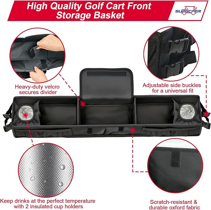 Golf Cart Front Storage Basket, No-Drilling Organizer Tray With Cooling Compartment & Insulated Cup Holders, Universal Storage Tray Fit for EZGO Club Car Yamaha Golf Carts (Black, 1680D Oxford Fabric)