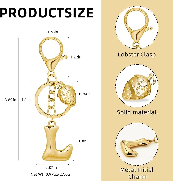 Gold Bubble Heart, Cherry, Bow & More Designs Letter Initial Keychain Bag Charms – Cute Purse Charms for Handbags