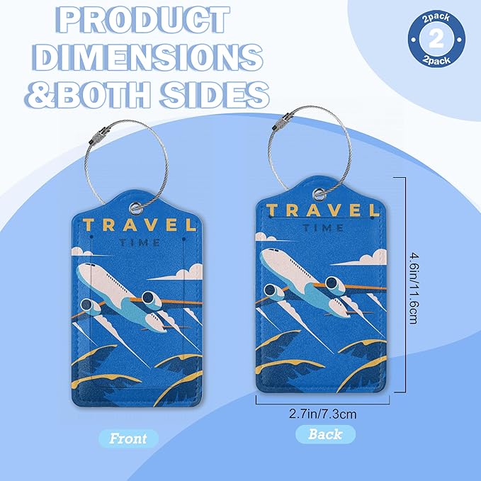 2 Pack Luggage Tags,Leather Suitcase Tags with Privacy Cover Name Address Labels& Durable Steel Loop for Men/Women Travel Bag Suitcases(Time to Travel Retro)