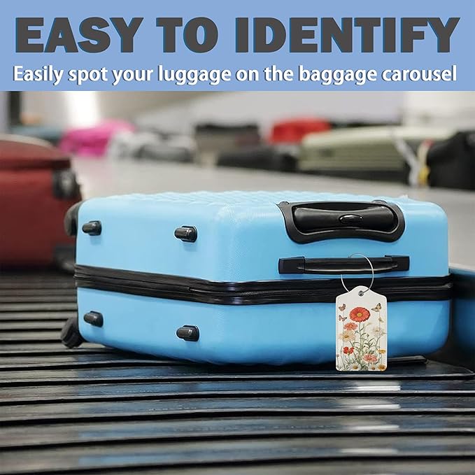 Set of 3 Luggage Tags, Vintage Flowers Butterflies Leather Suitcases Tag Identifiers with Privacy Name Address Labels & Durable Steel Loop for Women Men Travel