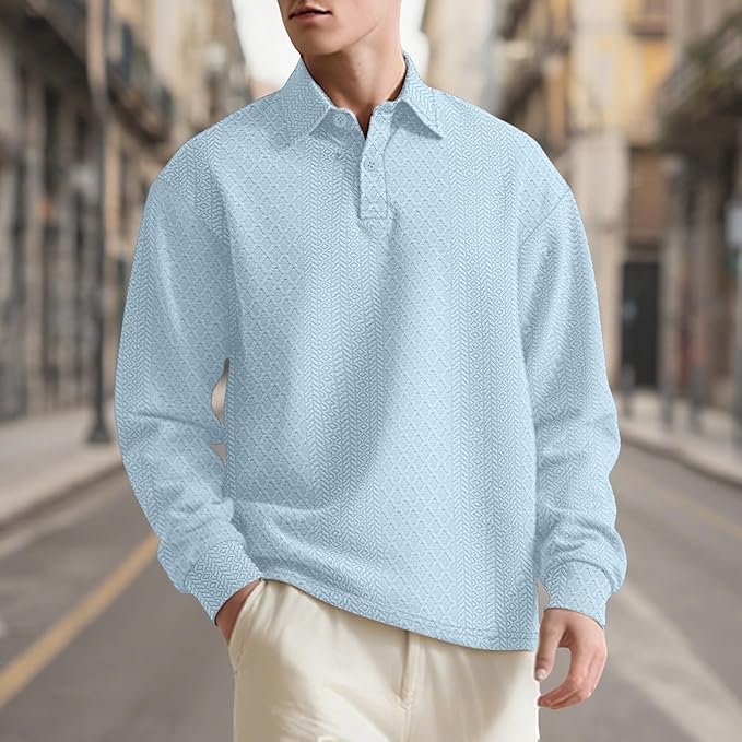 Stylish Polo Shirts for Men Textured Button Down Mock Neck Casual Tops Comfy Solid Color Long Sleeve Golf Pullover
