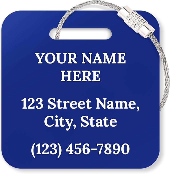 Custom Luggage Tags, Personalized Name Address for Suitcases,Backpack, Handbag, Travel Equipment Tag, 2x2 Inches, Acrylic Heavy Duty Waterproof, Made in The USA by My Sign Center- Blue