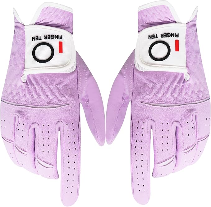 FINGER TEN Womens Ladies Golf Gloves Pair Both Hand or 2 Pack Left Right Hand, All Weather Grip & Comfortable Glove for Serious Performance, Stylish Pink White Fit S M L XL