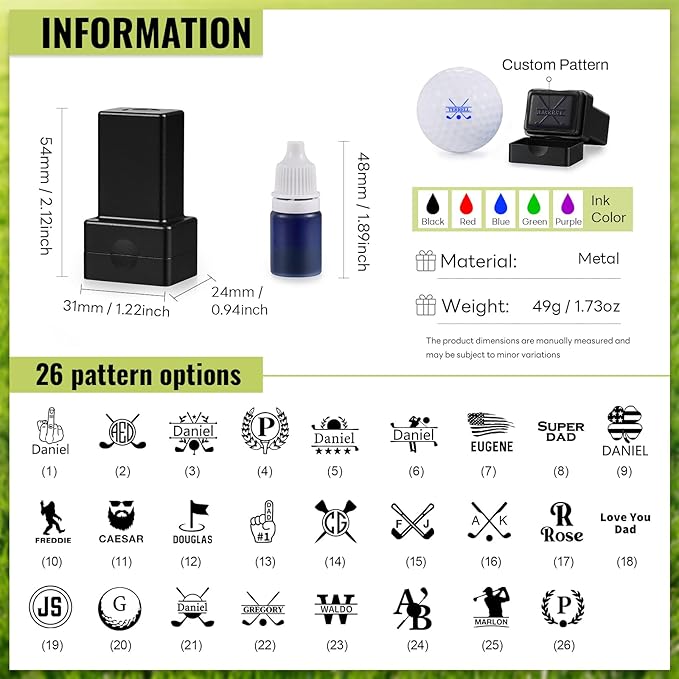Custom Golf Ball Stamp Personalized Name Monogram Golf Ball Stamper Waterproof Golf Ball Marker Accessories Gifts for Men, Dad, Golfers