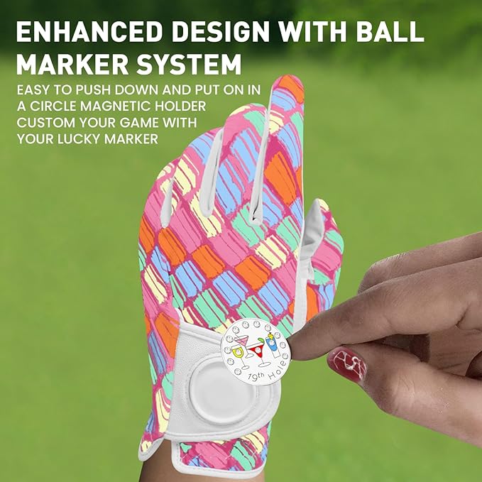 Golf Gloves Women with Ball Marker 2 Pack, Right Handed Golfer Left Hand, Ladies Breathable Soft All Weather Grip Glove Fit Size Small Medium Large XL
