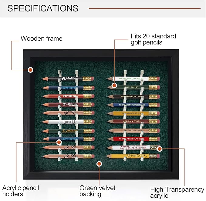 Golf Pencil Display Case, Holds 20 Round or Hexagonal Golf Pencils, Wall-Mount or Desktop Display Frame for Golf Tees, Home or Office Golf Decor and Collectibles