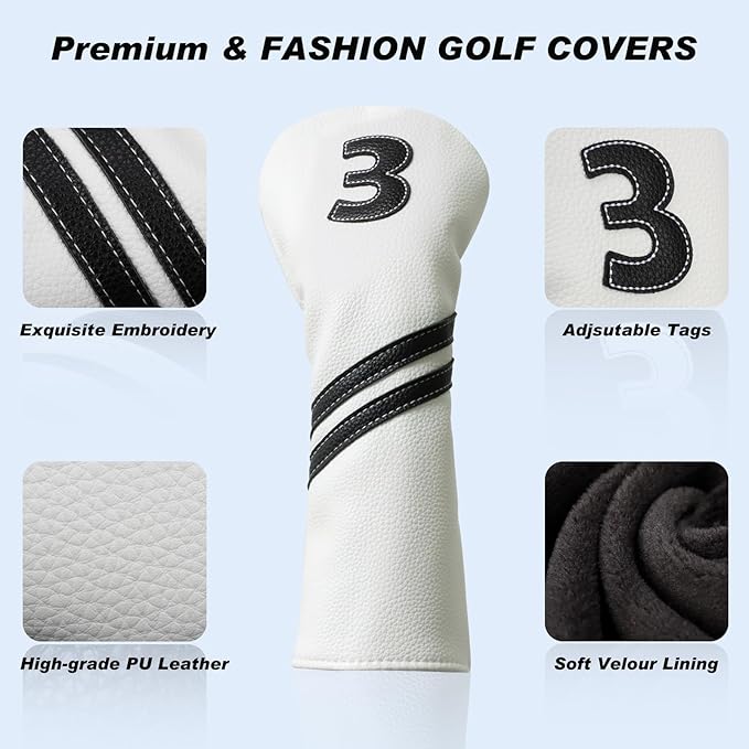 Golf Club Covers,4pcs or 1pc Golf Headcovers for Woods and Driver Fairway Hybrids Women Men - Premium PU Leather with Interchangeable Tags & Magnetic Blade and Mallet Putter Covers