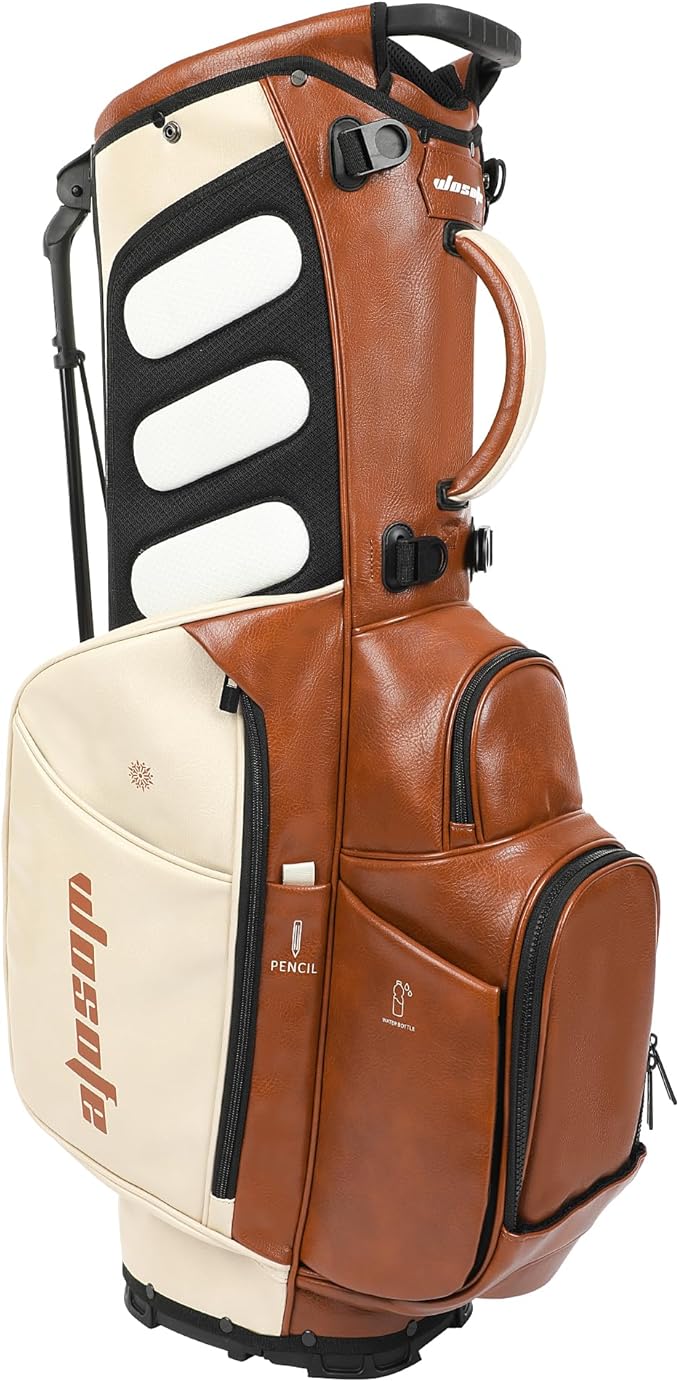 Lightweight 14-Way Golf Stand Bag, PU Leather Golf Bag Waterproof Men Women Full Length Top Dividers, Multiple 8 Pockets Cooler Pouch Adjustable Detachable Shoulder Dual Straps Rain Cover Hood