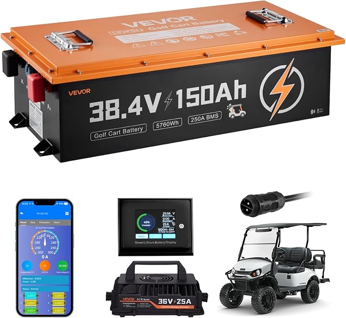 VEVOR 36V (38.4V) 150AH Lithium Golf Cart Battery, with 25A Charger, Lifepo4 Battery Kit, Built-in 250A BMS, with Bluetooth Mobile APP & Touch Monitor, 4000 Cycles, for Golf Carts, Trolling Motors
