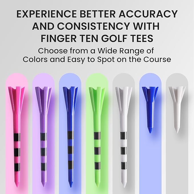 FINGER TEN Unbreakable Golf Tees Plastic 80 3 1/4" or 2 3/4" Driver Tees with 20 1 1/2" Iron Tees Assorted Pack, Low Resistance & Consistent Height Long Short Tees with Bright Colors
